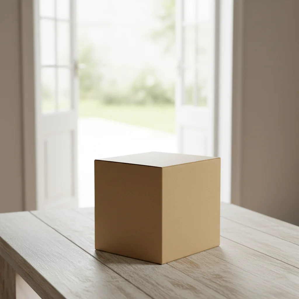 Een netjes verpakt kraft pakket op een tafel bij een lichte deur, klaar voor afhaling